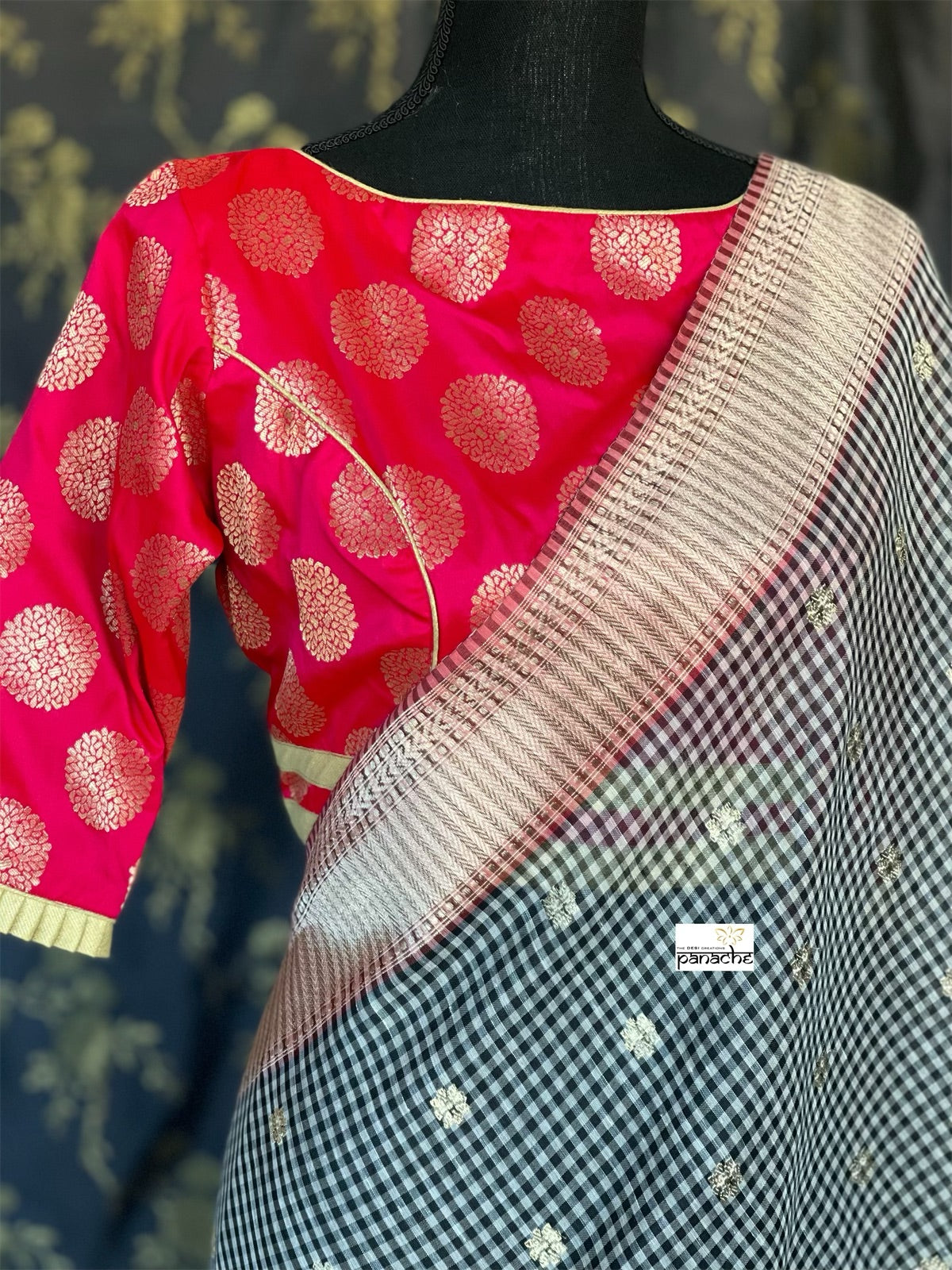 Kora Linen Silk Banarsi - Black White Checks Pink
