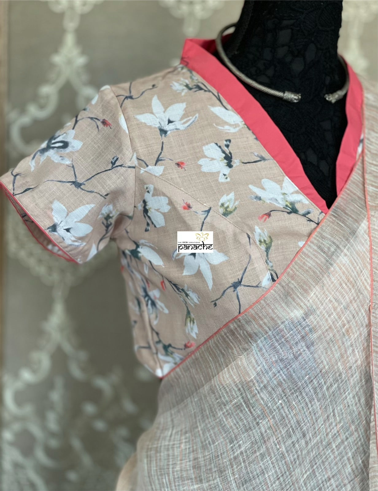 Designer Blouse - Peach Pink Floral Design