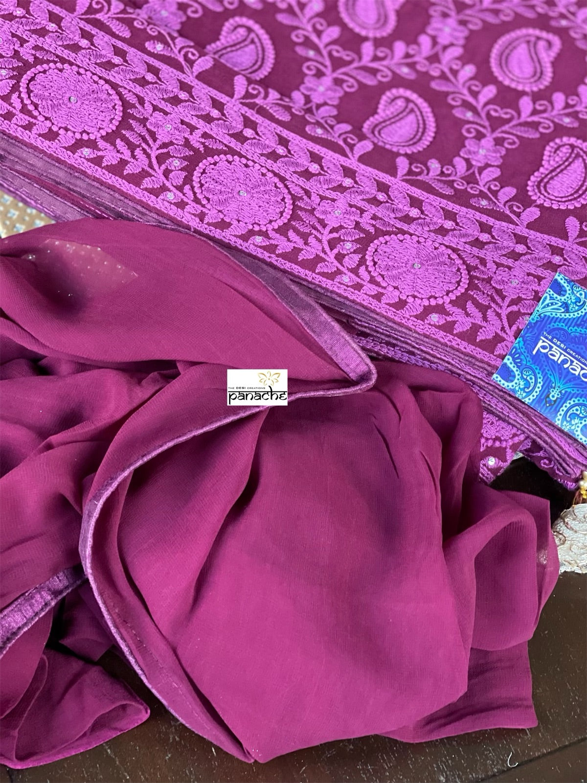 Designer Georgette Chikankari - Maroon Purple Paisley