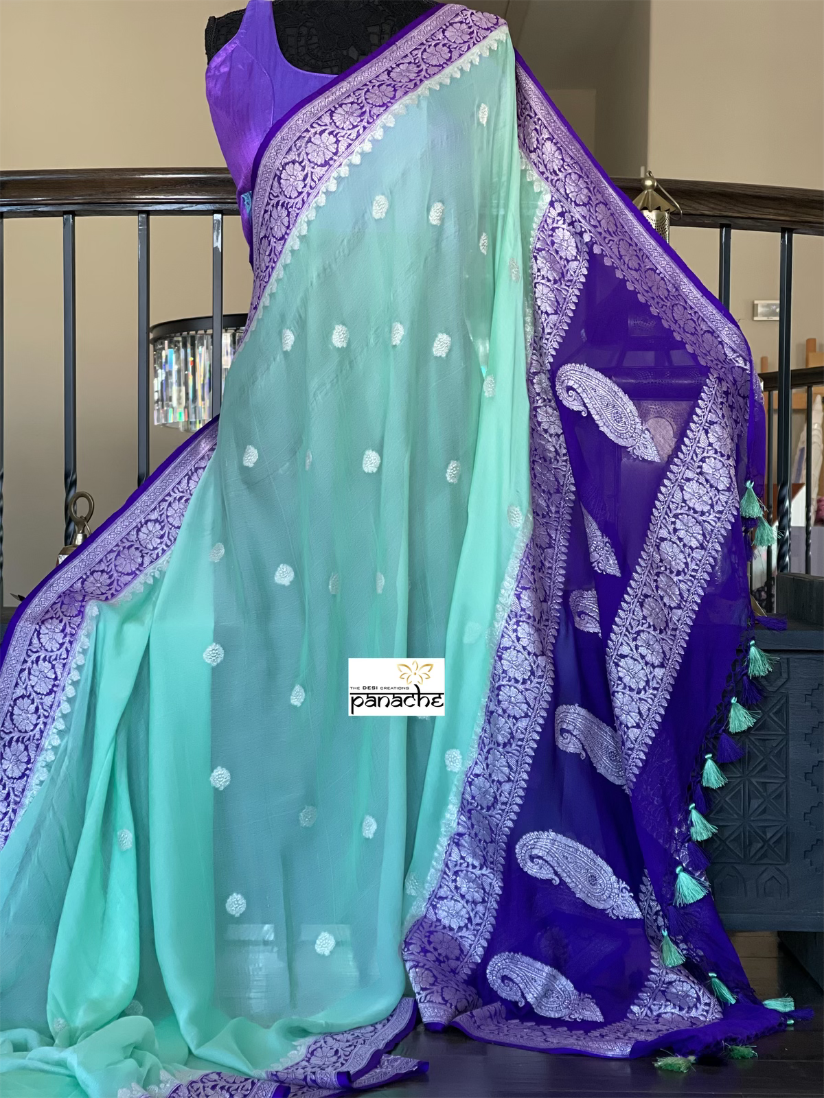 Chiffon Georgette Silk Banarasi - Mint Green Purple Silver Zari