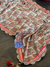 Designer Soft Silk - Beige Red Figurines Printed