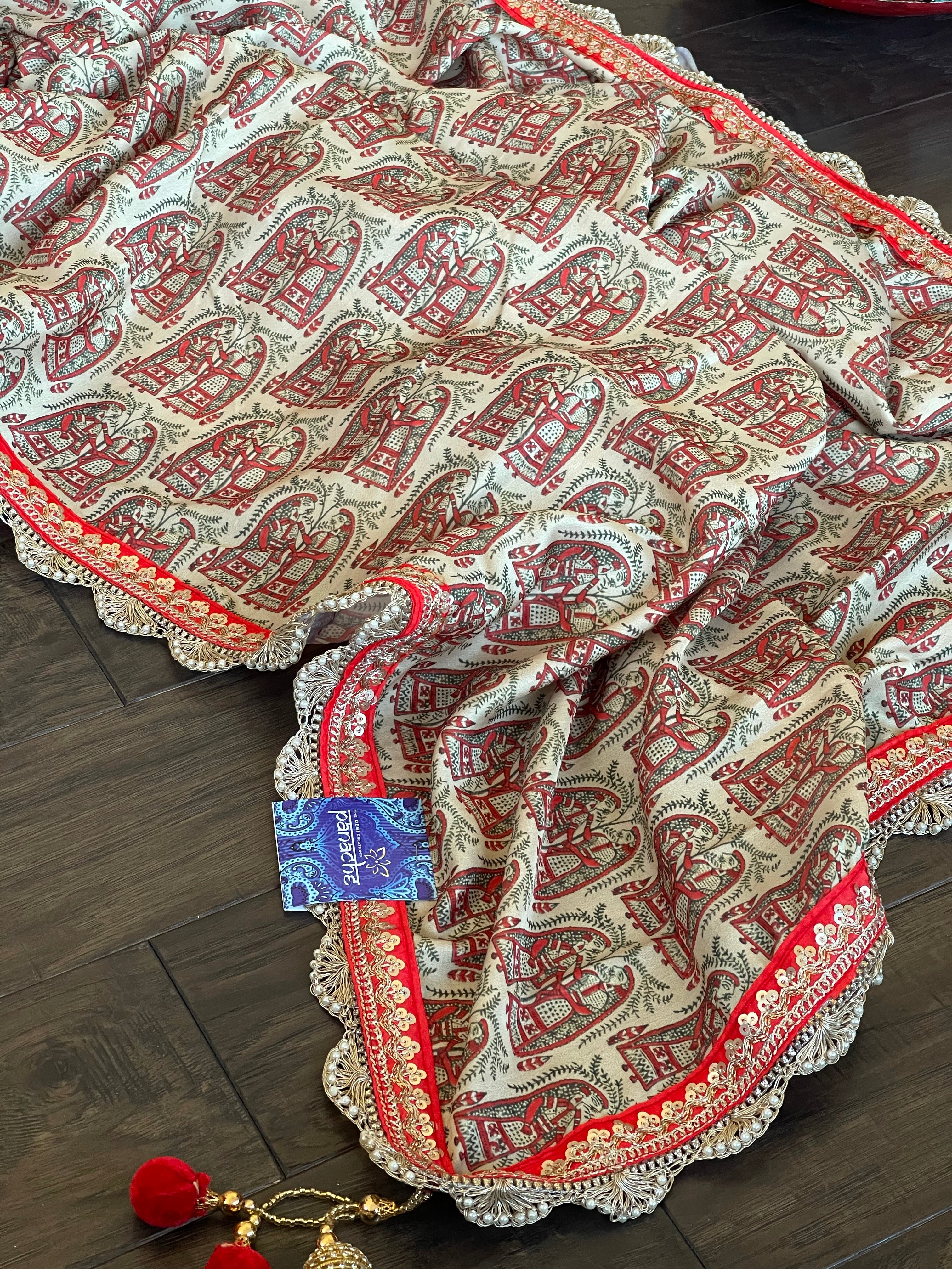 Designer Soft Silk - Beige Red Figurines Printed