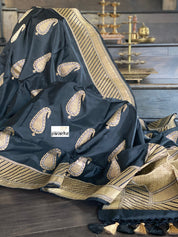 Pure Katan Silk Banarasi - Black Zari Paiesley