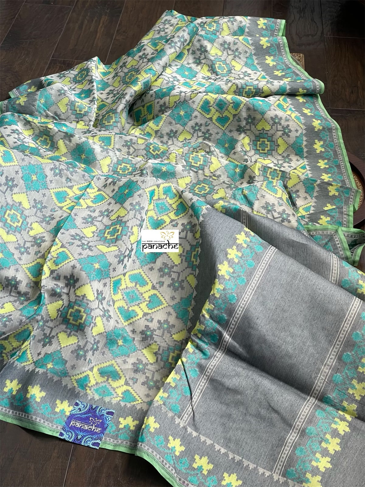 Pure Silk Cotton Kora Patola Banarasi - Offwhite Grey Green Woven