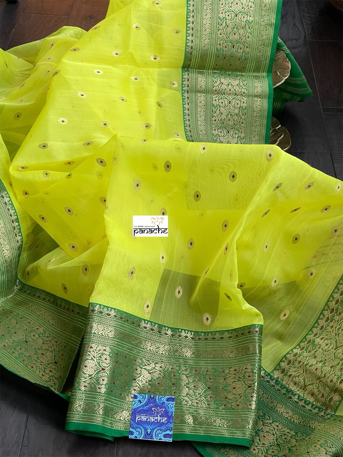 Pure Chanderi Organza Silk - Yellow Green Eknaliya Golden Zari