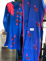 Khadi Cotton Saree Kurta Pair - Royal Blue Red