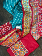 Soft Silk Patola Banarasi - Firozi Blue Red Antique Golden Zari