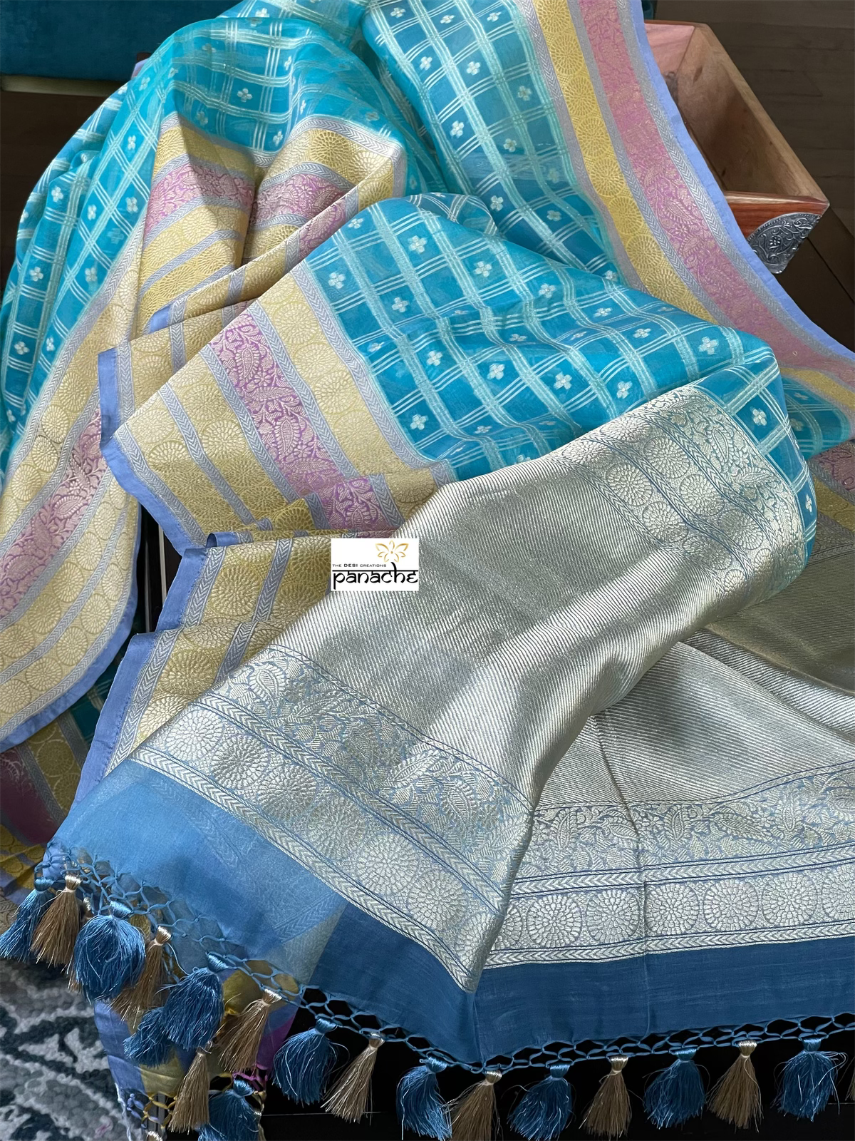 Organza Silk Banarasi - Blue Checkered