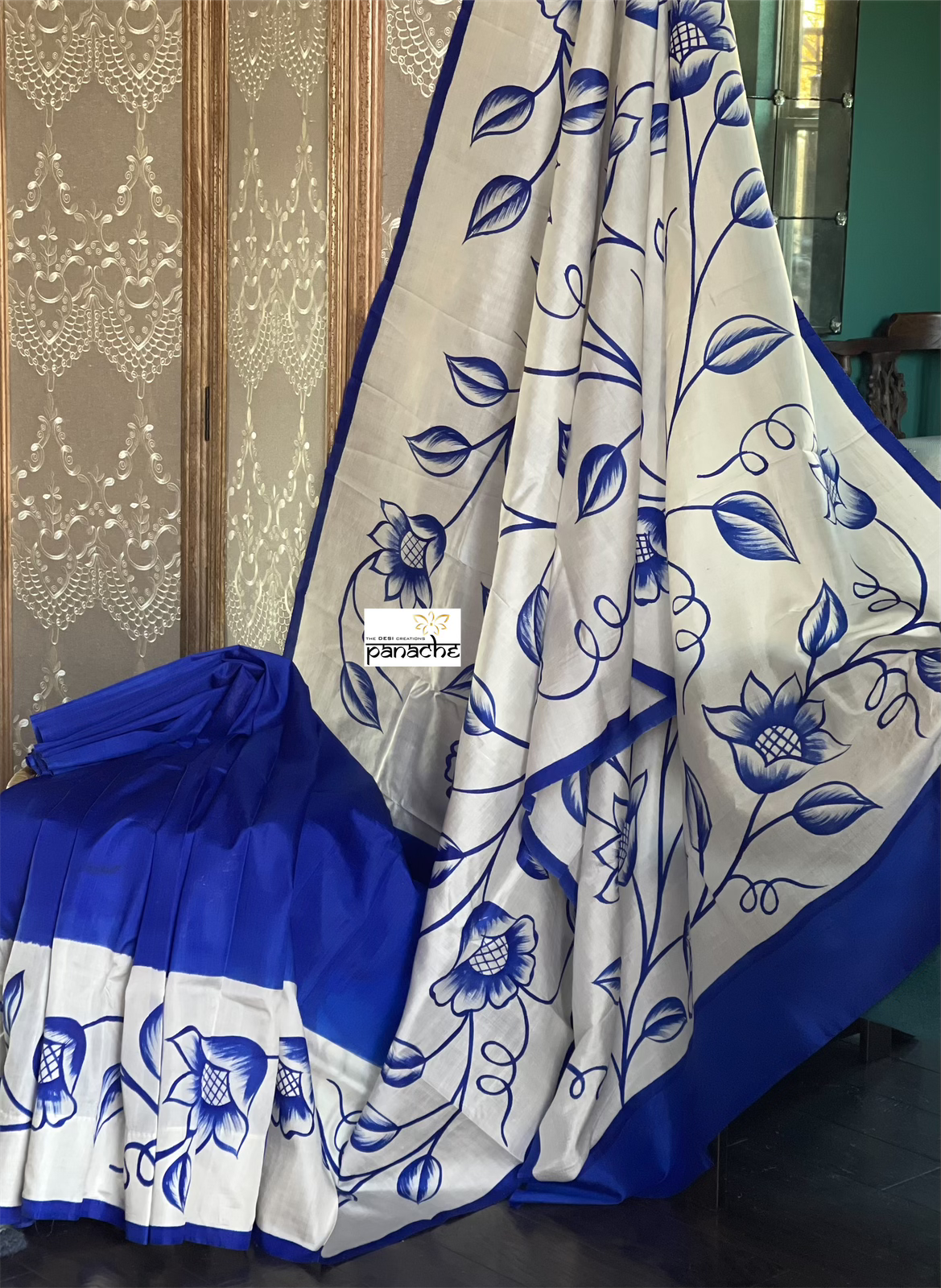 Pure Vishnupur Silk - Royal Blue Kalamkari Hand Painted