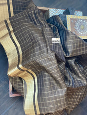 Chanderi Cotton Silk - Greenish Brown Zari checks