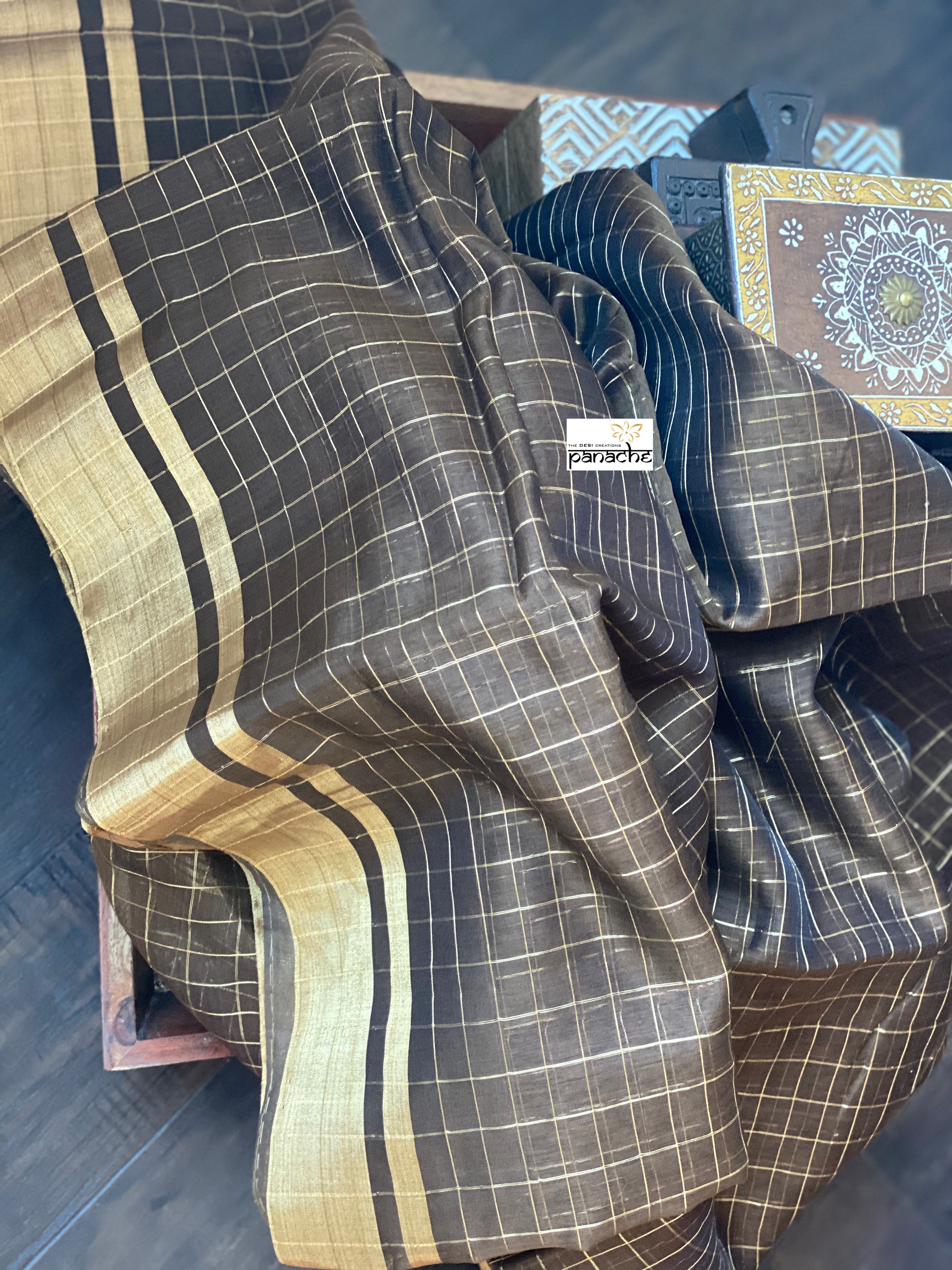 Chanderi Cotton Silk - Greenish Brown Zari checks