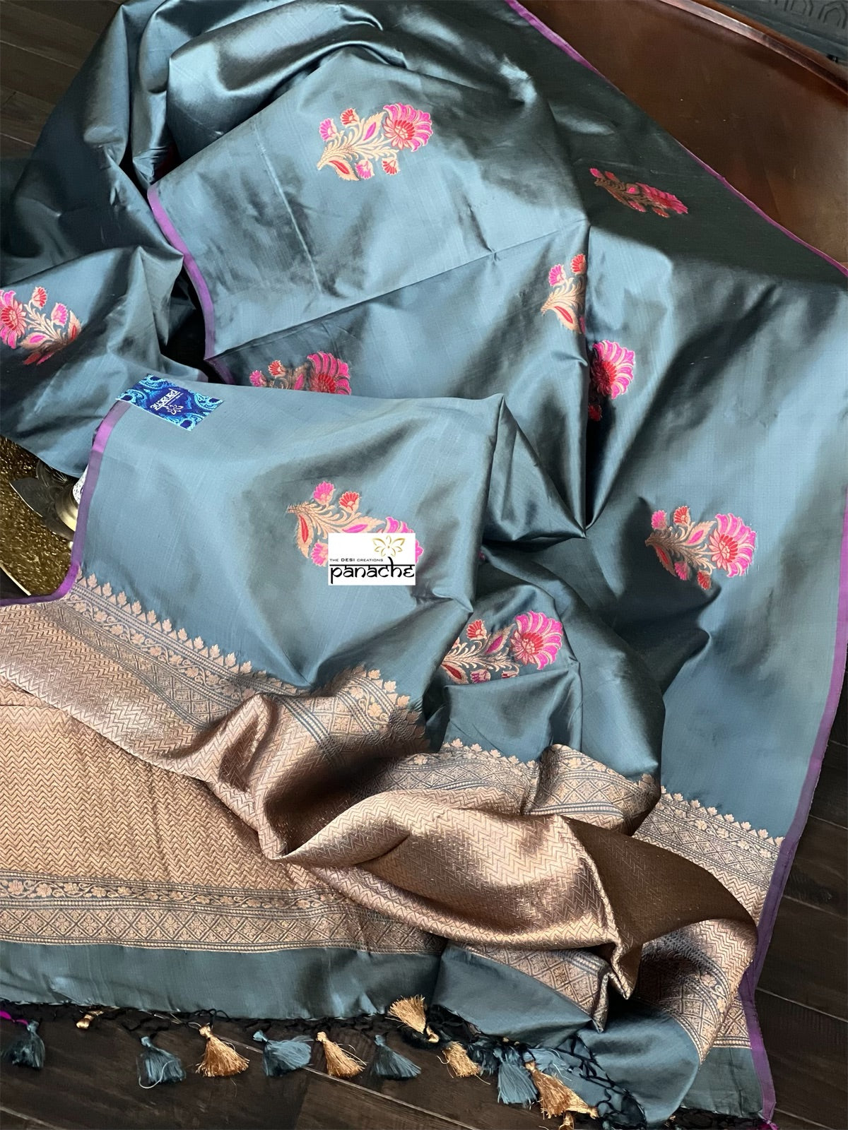 Pure Katan Silk Banarasi - Bluish Grey Purple