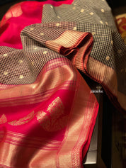 Kora Linen Silk Banarsi - Black White Checks Pink