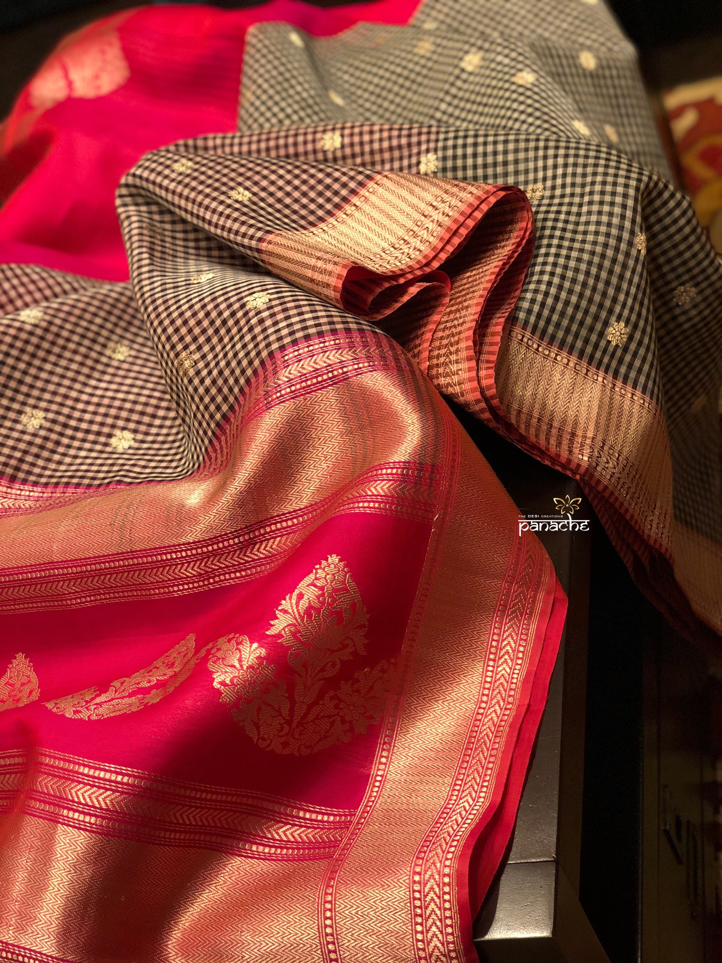 Kora Linen Silk Banarsi - Black White Checks Pink