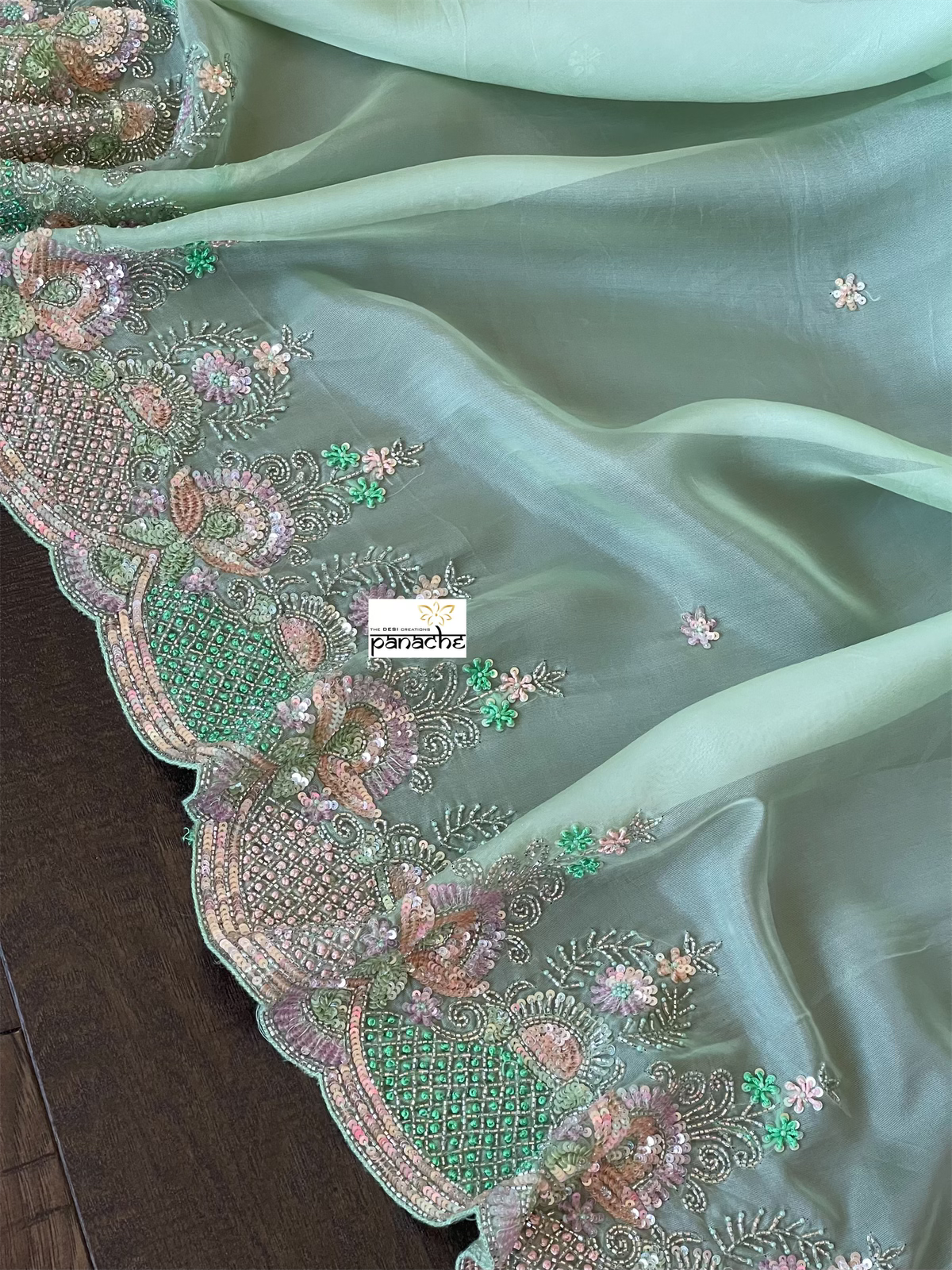 Designer Satin Organza - Mint Hand Embroidered