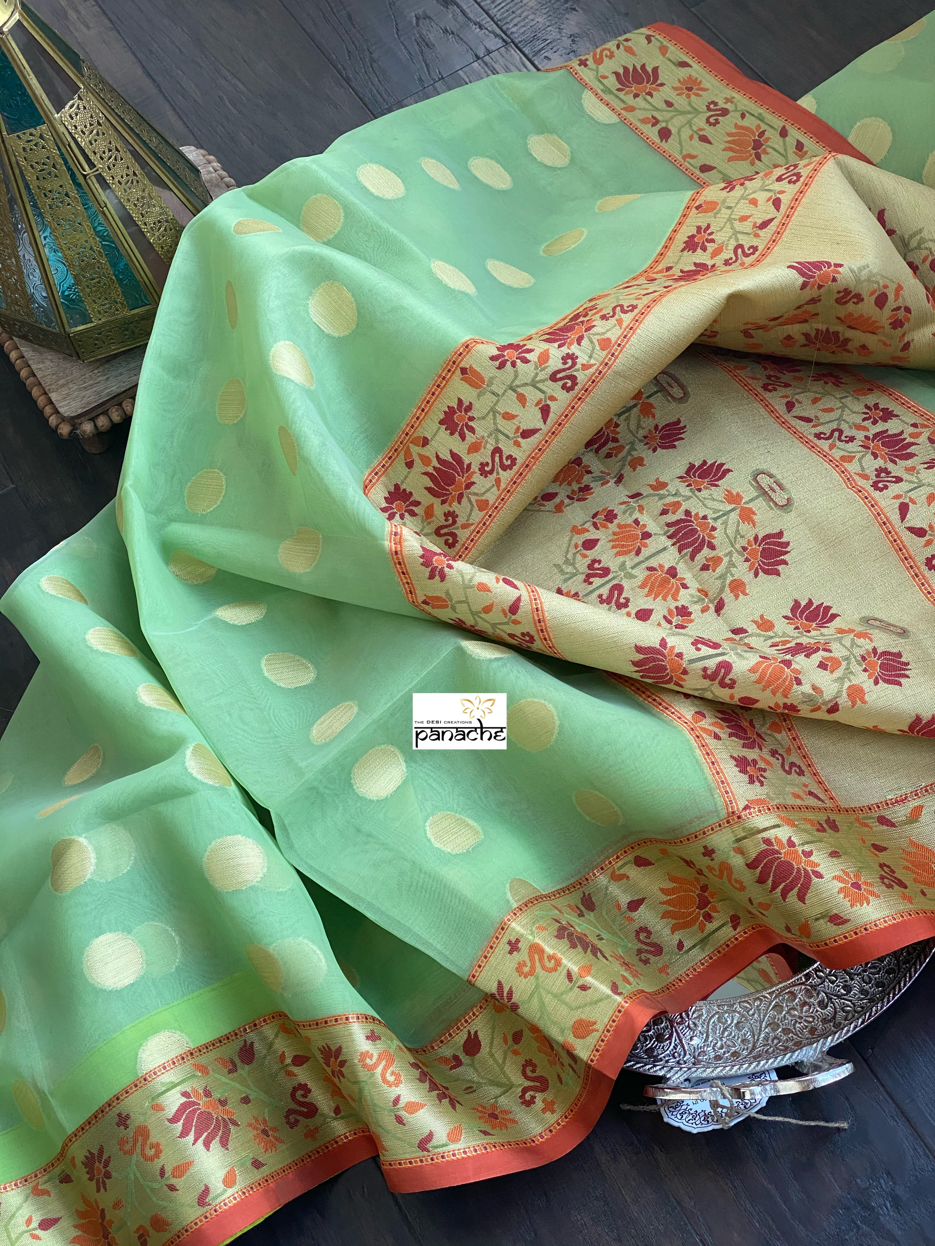 Kora Silk Paithani - Pista Green Orange