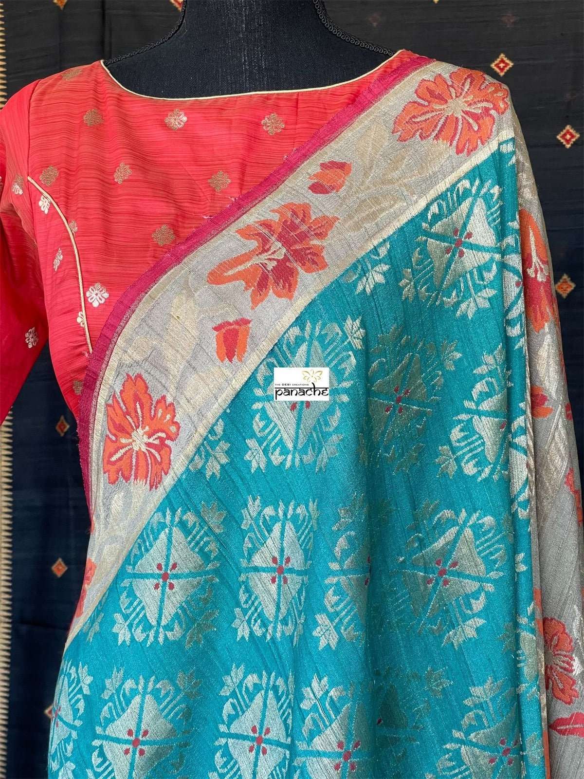 Tussar Georgette Banarasi- Teal Blue Orange Paithani border