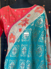 Tussar Georgette Banarasi- Teal Blue Orange Paithani border