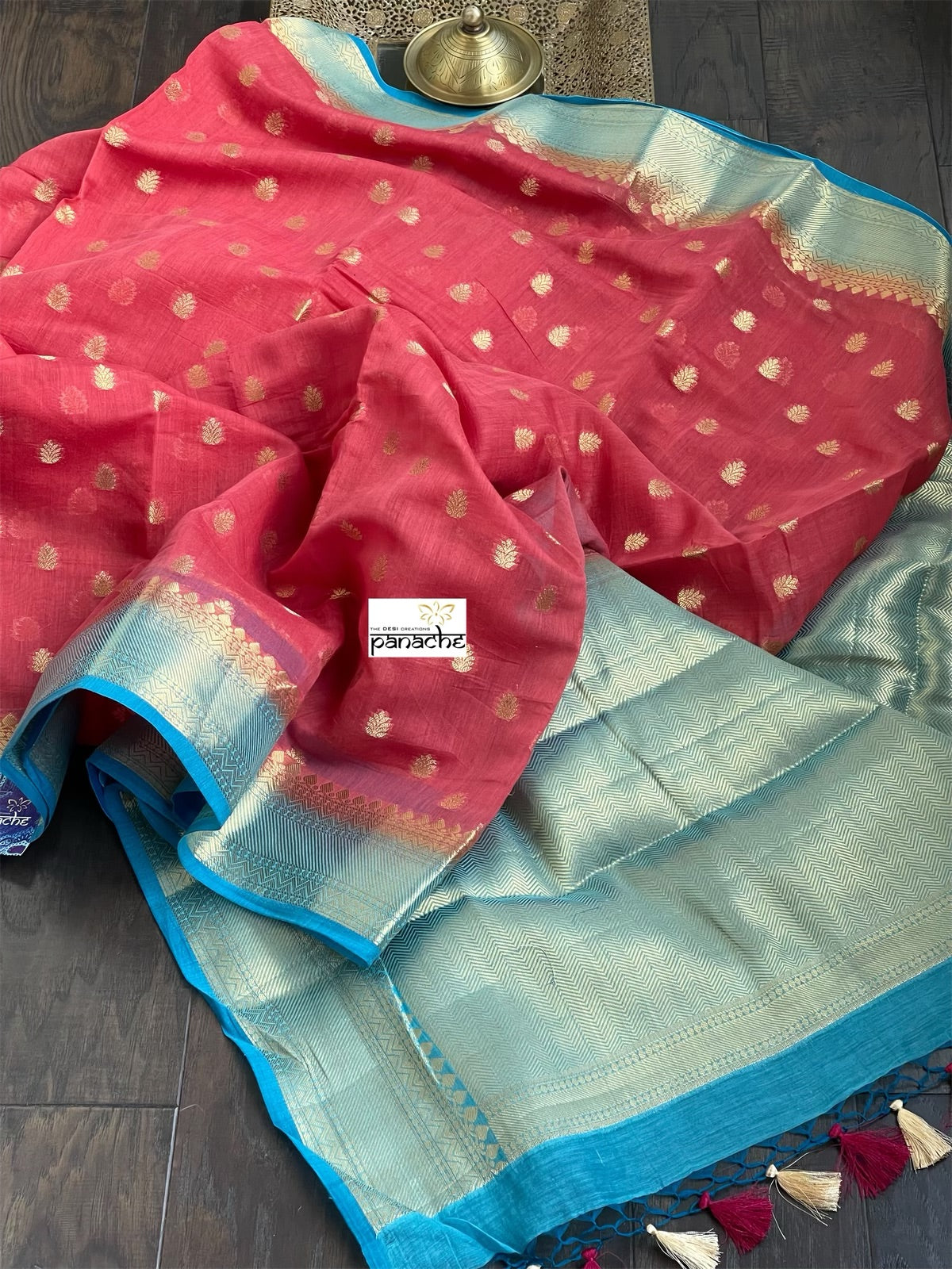 Mulmul Cotton Banarasi - Raspberry Red Firozi Golden Zari