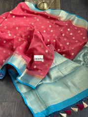 Mulmul Cotton Banarasi - Raspberry Red Firozi Golden Zari