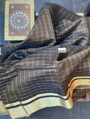 Chanderi Cotton Silk - Greenish Brown Zari checks