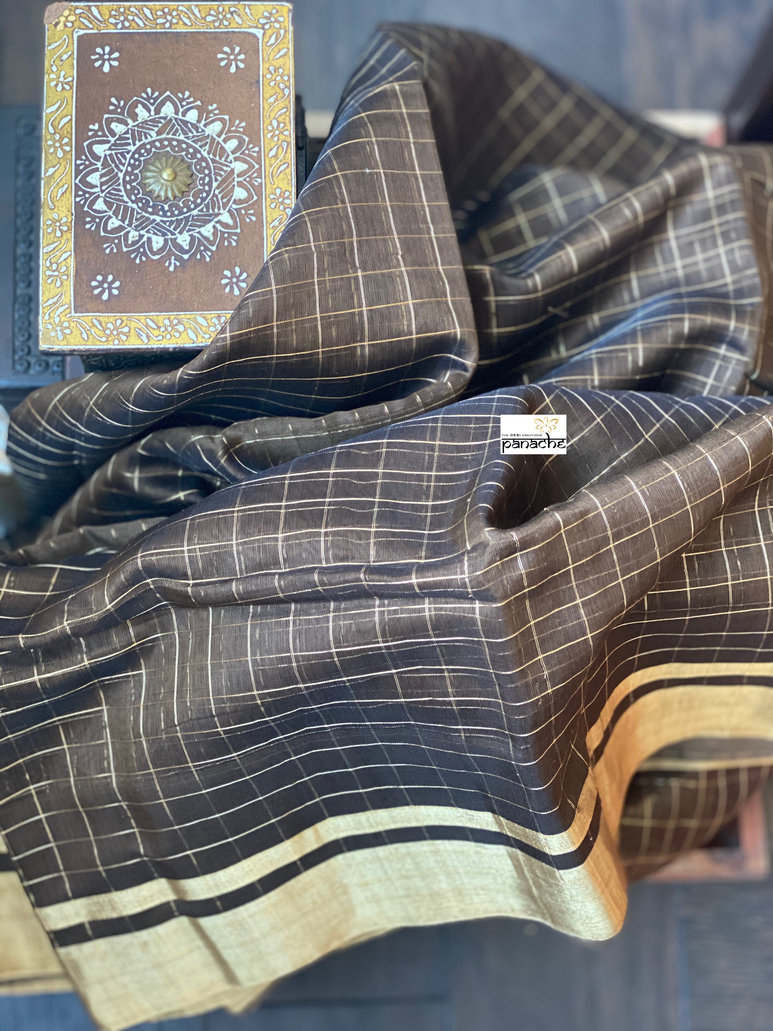 Chanderi Cotton Silk - Greenish Brown Zari checks