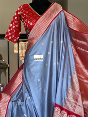 Katan Silk Banarasi - Bluish Grey Red