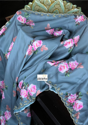 Designer Satin Silk Floral - Grey Pink