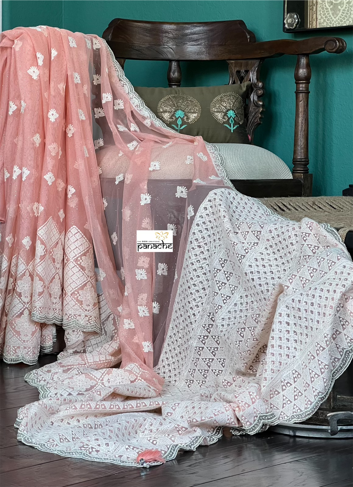 Designer Pure Net Embroidered - Peach