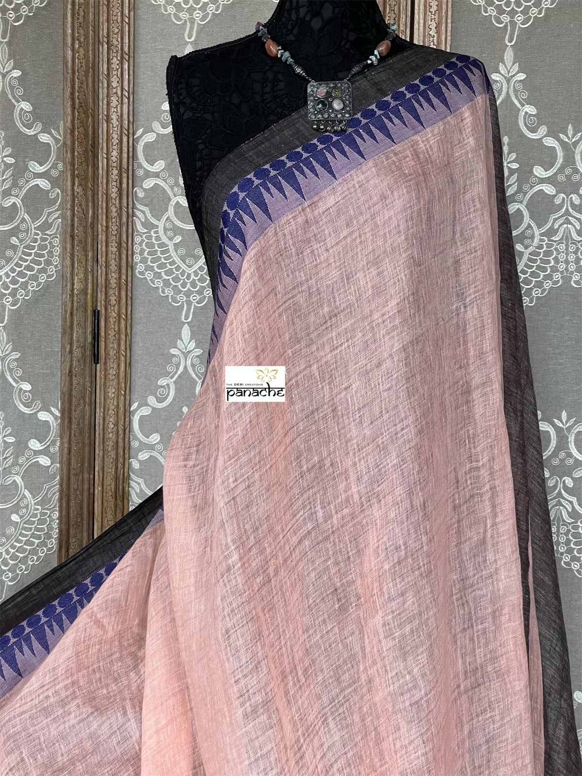 Pure Handloom Linen - Peach Blue Jamdaani Weave