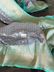 Pure Katan Silk Banarasi - Grey Sea Green Checkered
