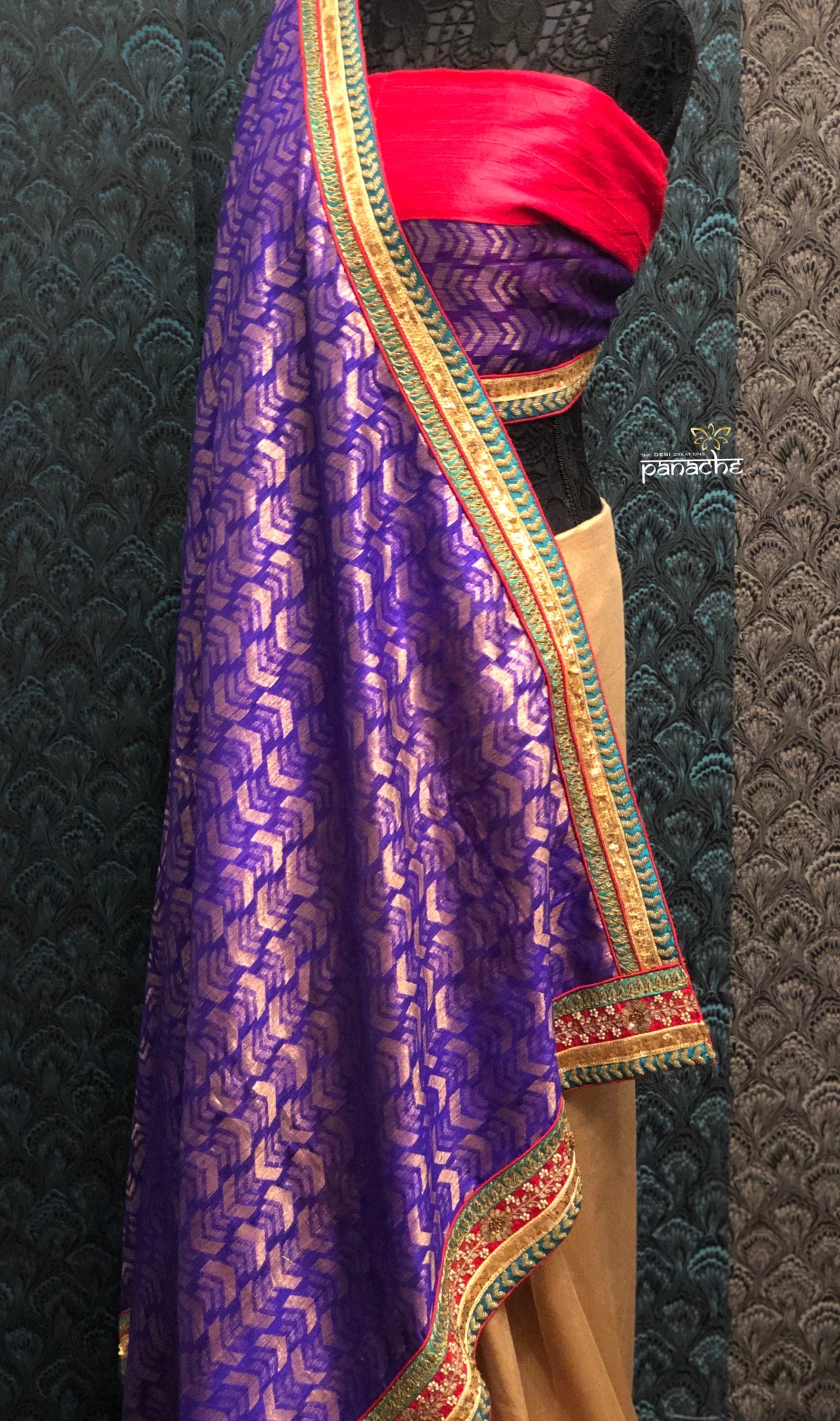 Designer Tussar Silk - Purple Golden Half Half