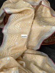 Linen By Kora Silk Banarsi - Off White Yellow Chevron