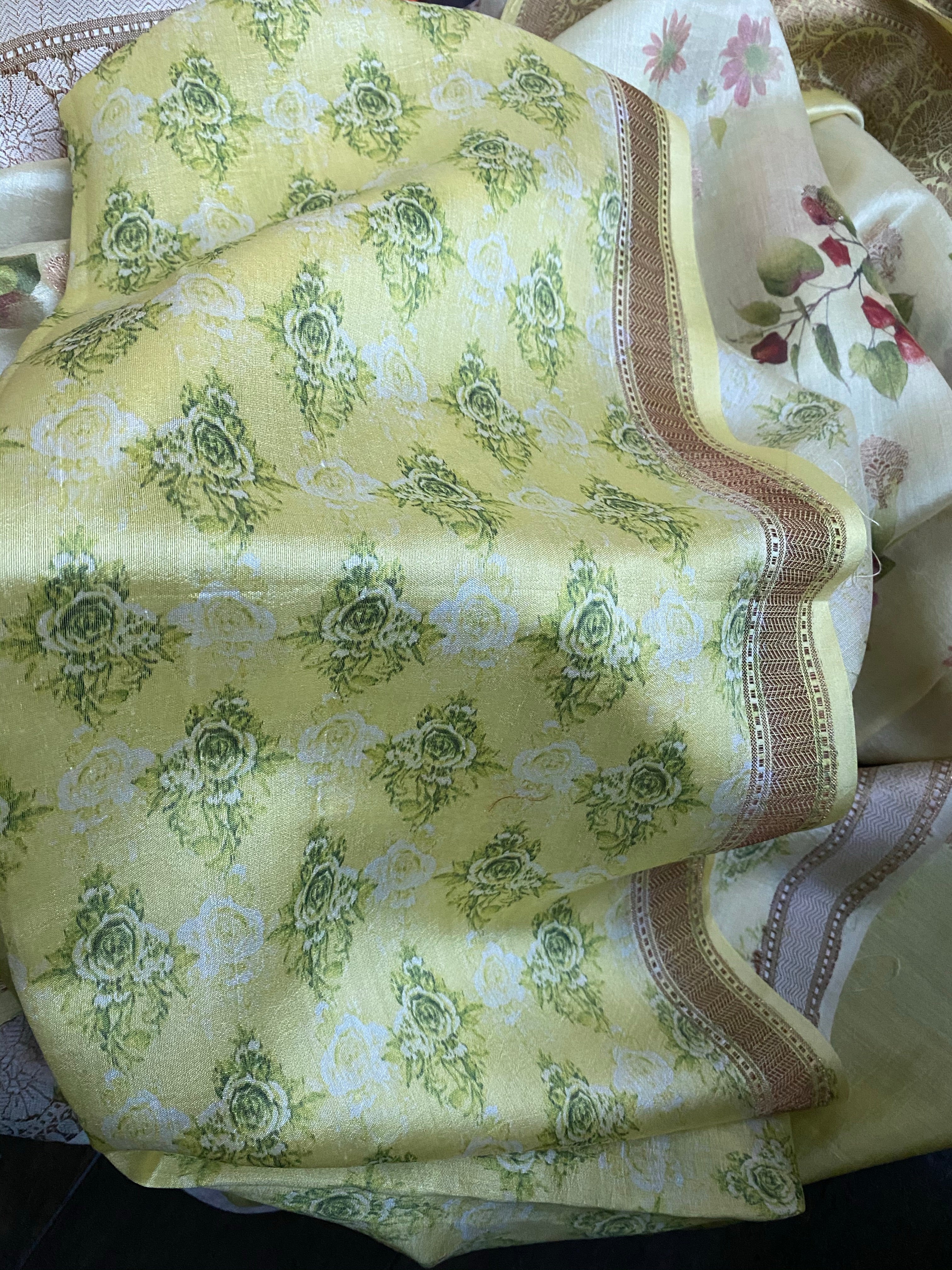 Chiniya Silk Banarasi Floral - Lemon Yellow Golden Zari