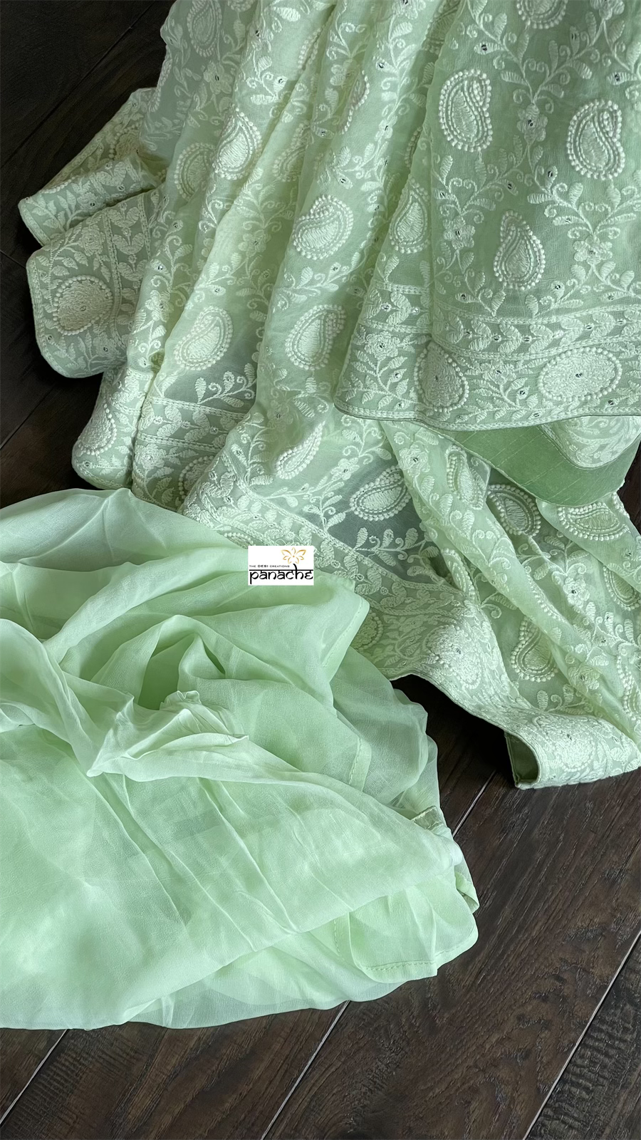 Designer Georgette Chikankari - Light Pista Paisley