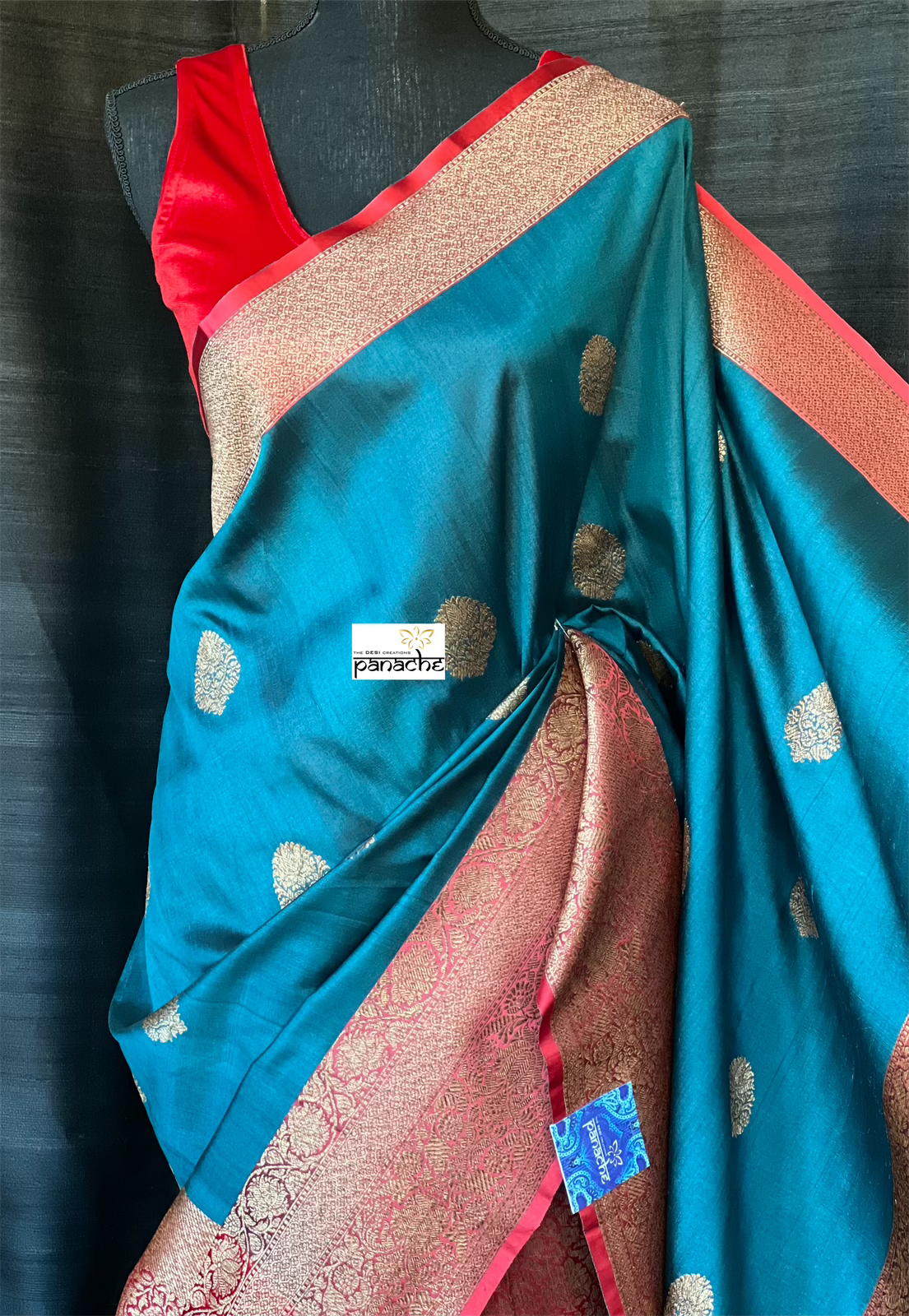 Tussar Silk Banarasi - Teal Blue Red Patli Pallu