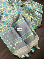Pure Silk Cotton Kora Patola Banarasi - Offwhite Grey Green Woven