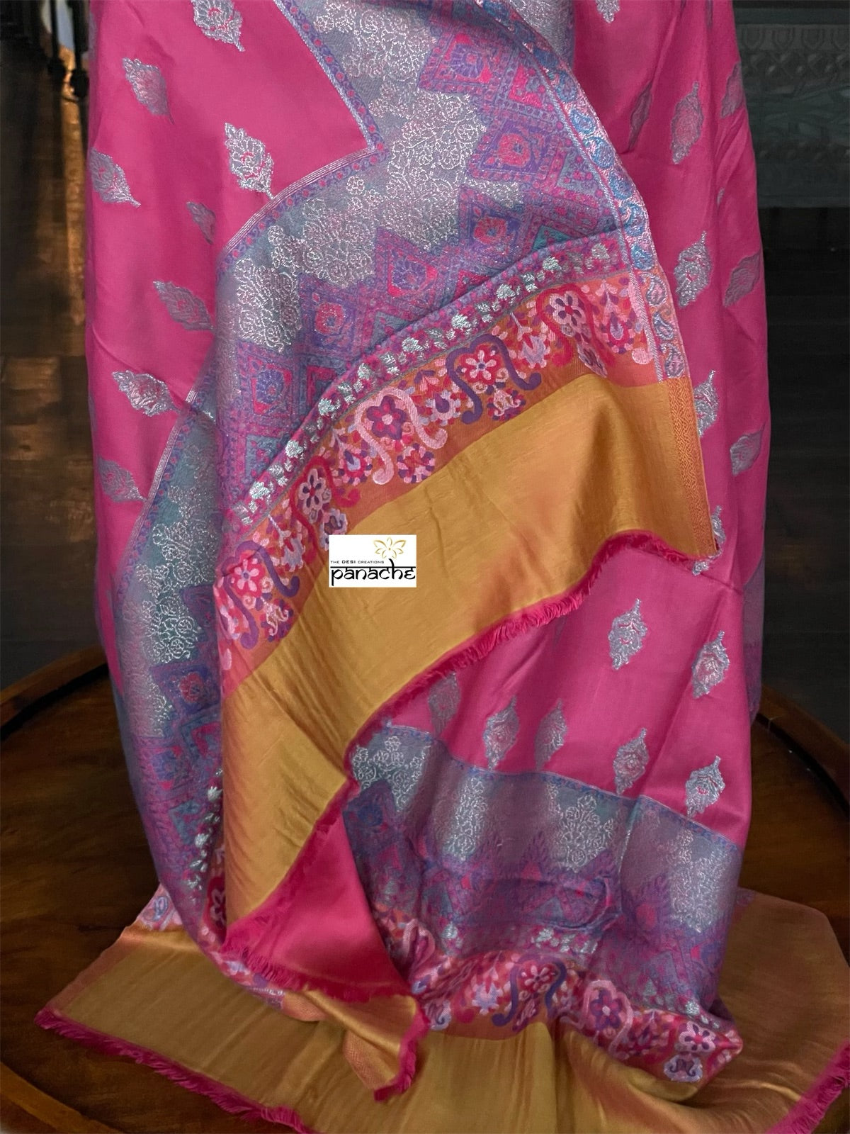 Kashmiri Semi Pashmina Stole - Pink Mustard Purple