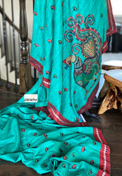 Designer Tussar Gicha Silk - Teal Green Peacock embroidered