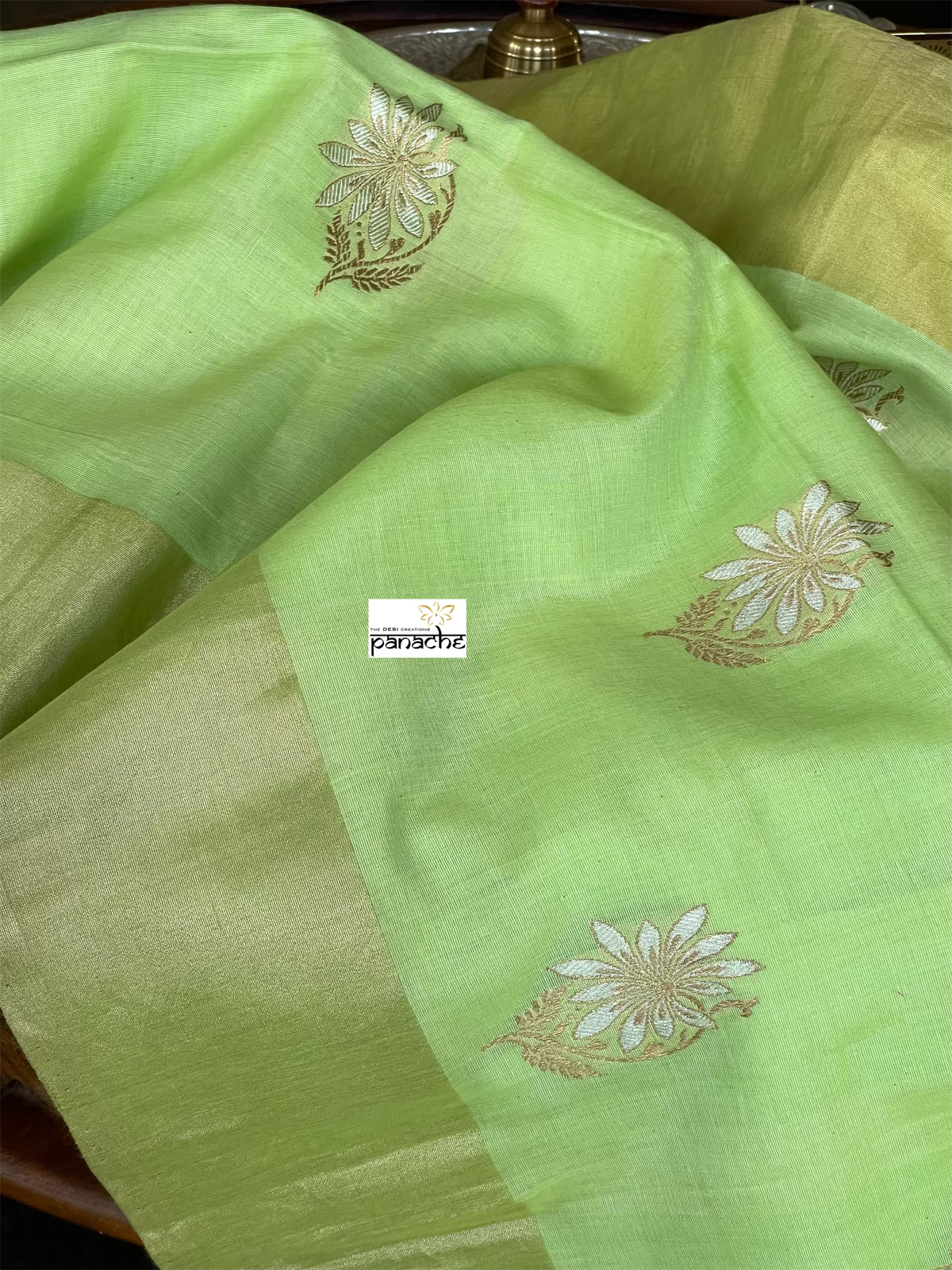 Pure Malmal Cotton Banarasi - Pista Green Kadwa Zari Woven