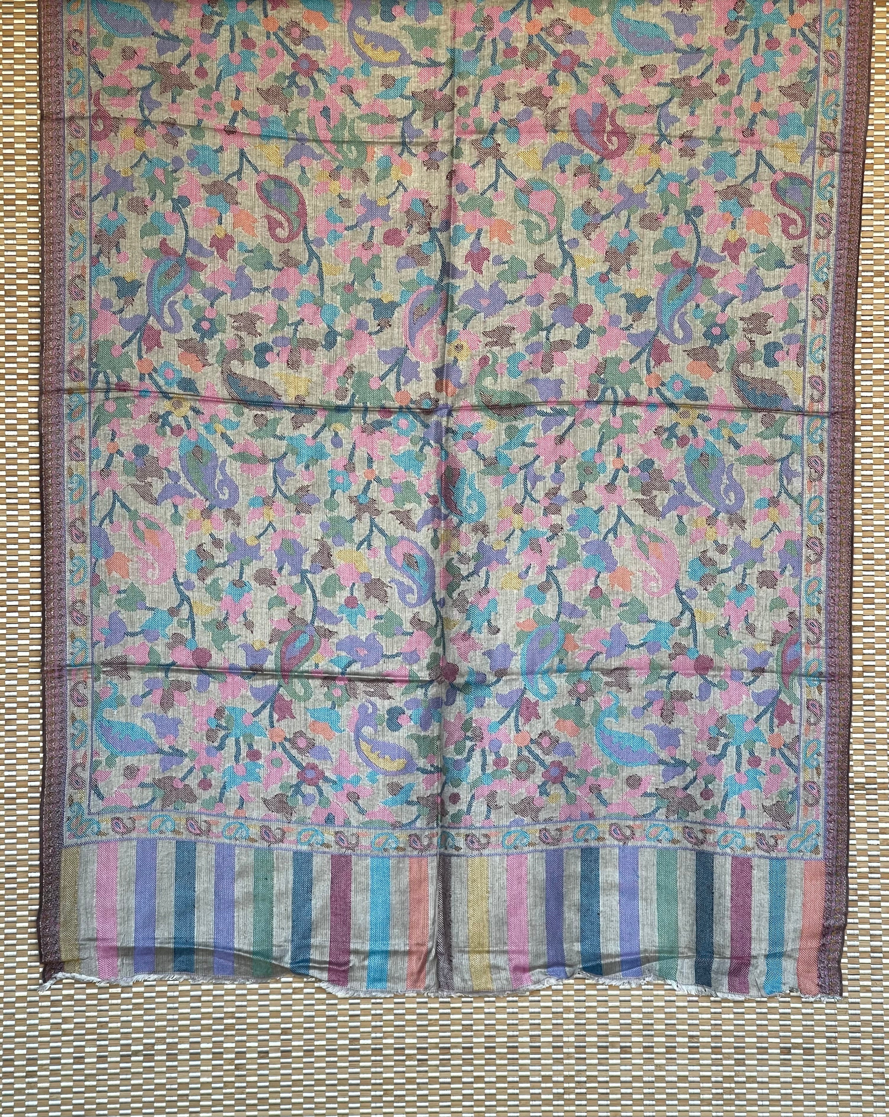 Kashmiri Kani Work Stole - Silver Grey Resham Woven Paisley