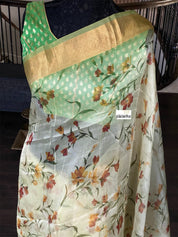 Banarasi Organza Floral - Light Green Golden Border