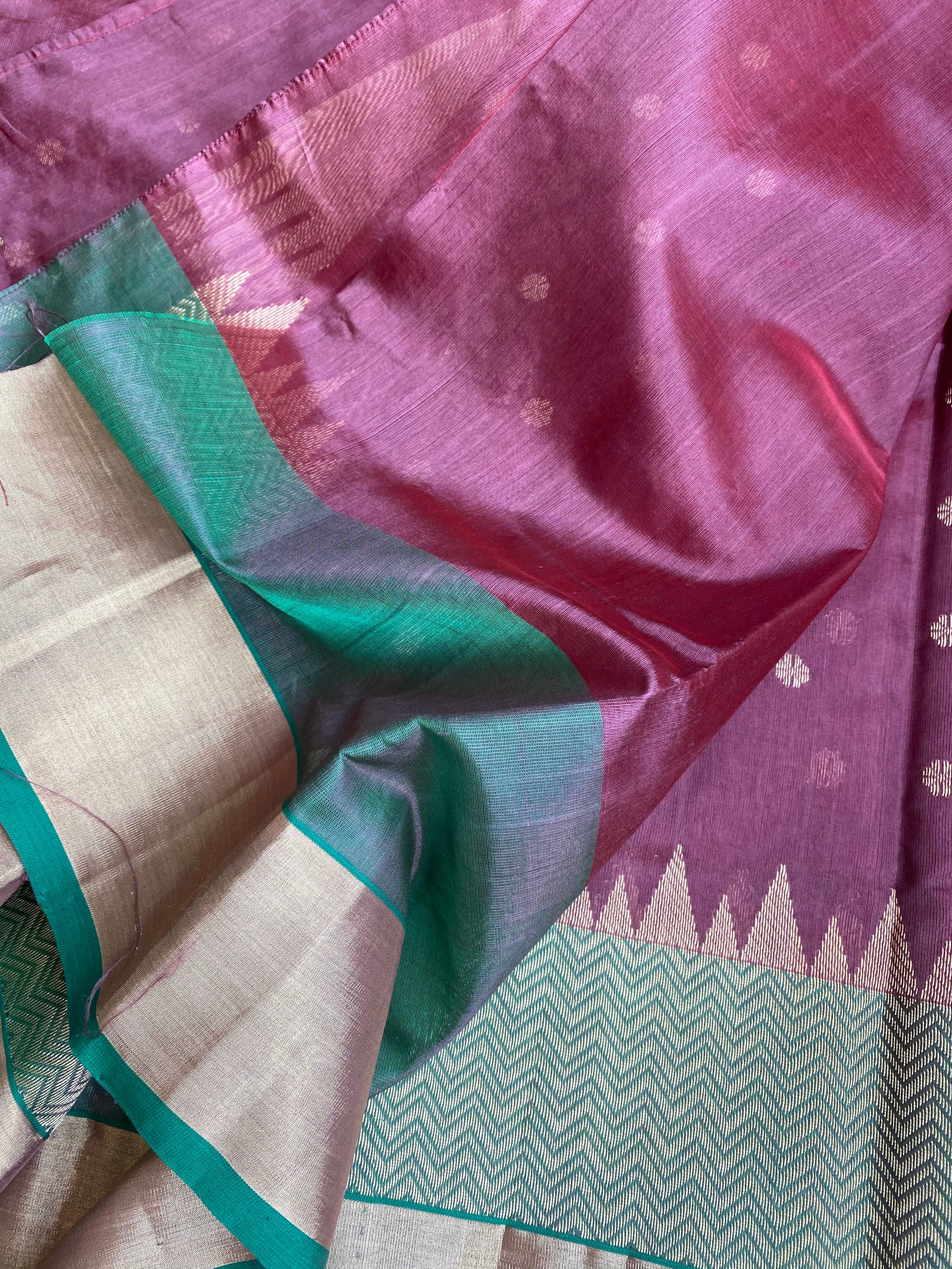 Pure Chanderi Silk - Brown Plum Green Golden Silver Zari Woven