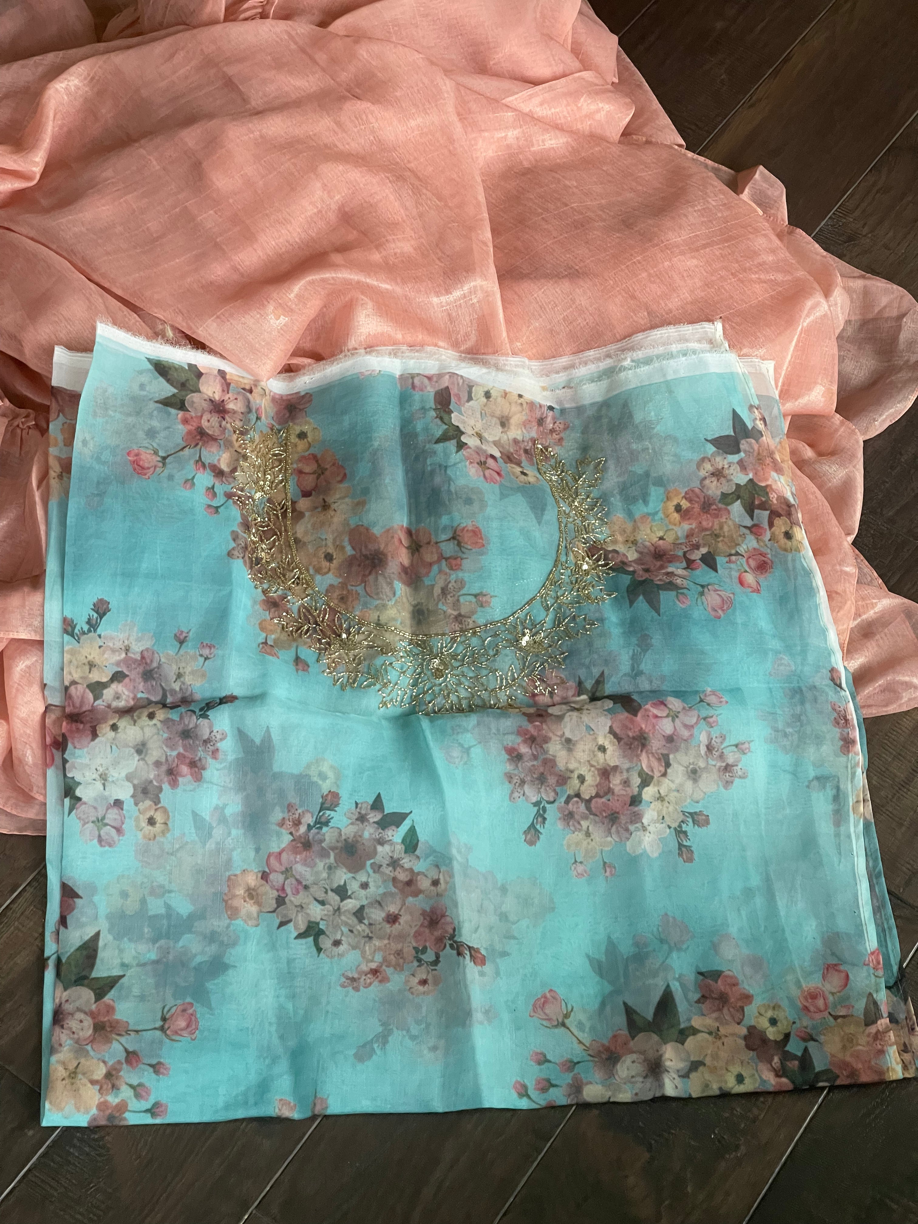 Designer Chiffon Silk - Peach Frill Saree