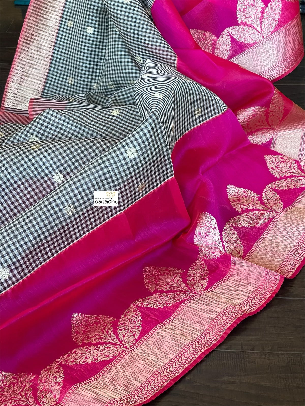 Kora Linen Silk Banarsi - Black White Checks Pink