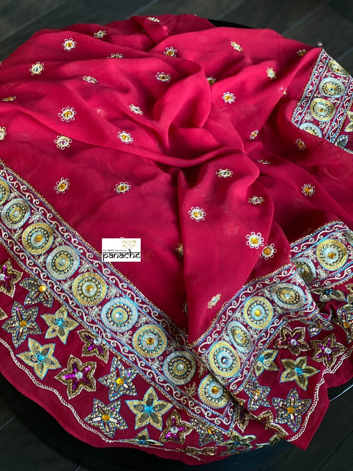 Designer Saree - Cherry Red Hand Embroidered
