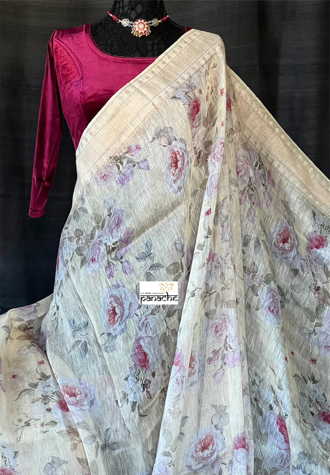 Floral Linen Silk Banarasi - Light Wheat Digital Printed