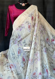 Floral Linen Silk Banarasi - Light Wheat Digital Printed