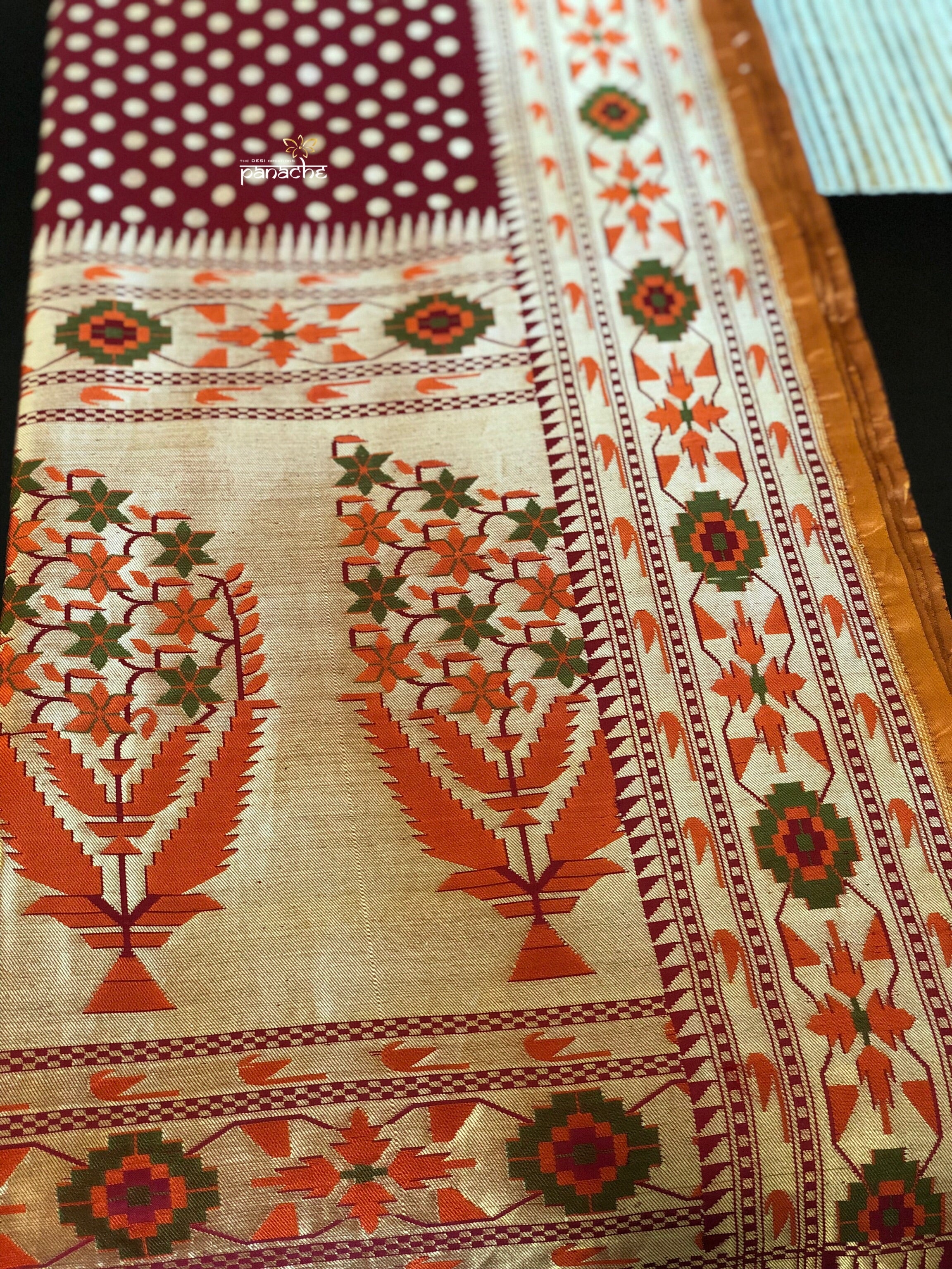 Silk Banarasi - Red Rusty Orange Paithani border