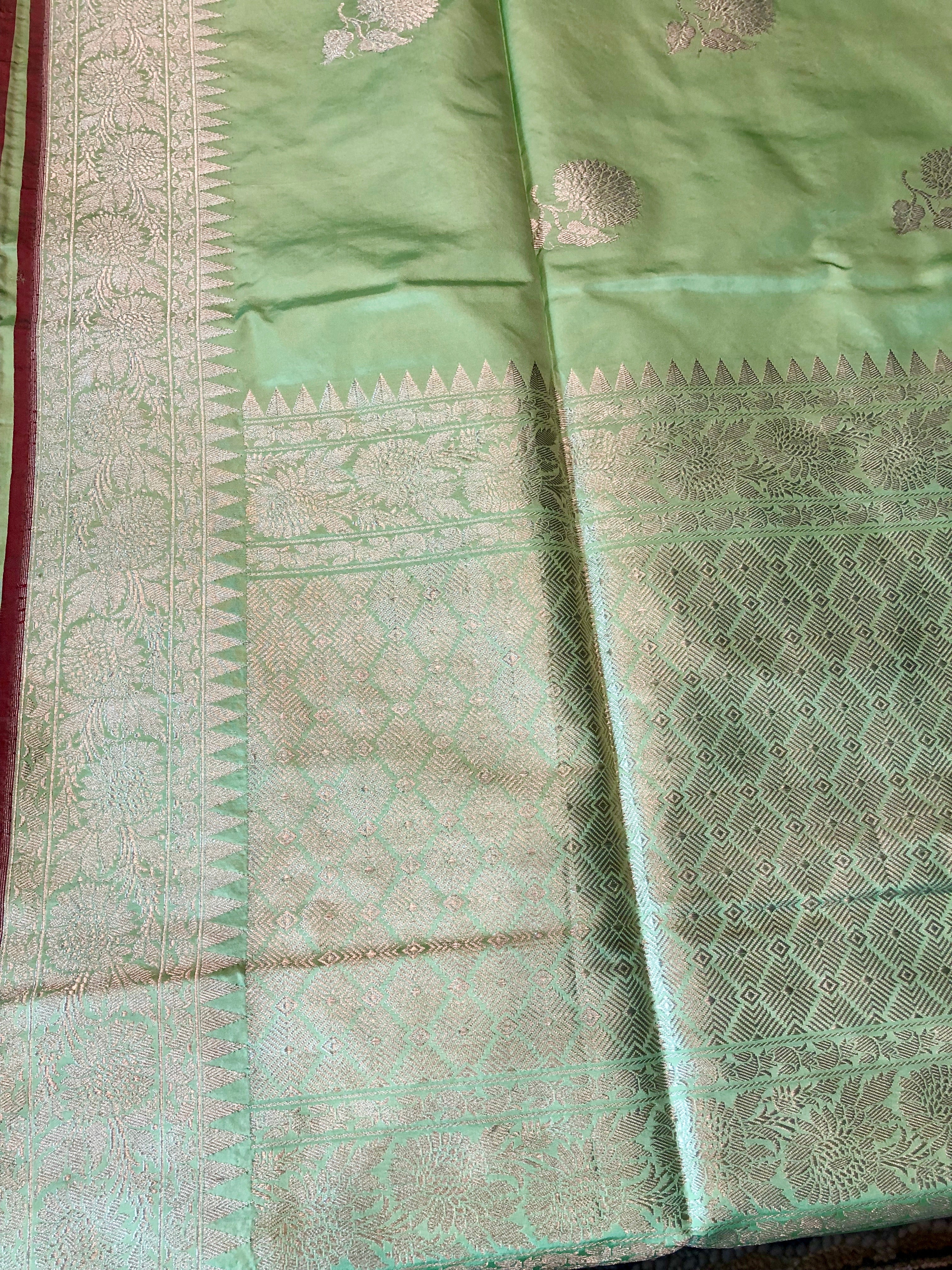 Katan Silk Banarasi - Mint Green Khadwa Silver Zari Woven